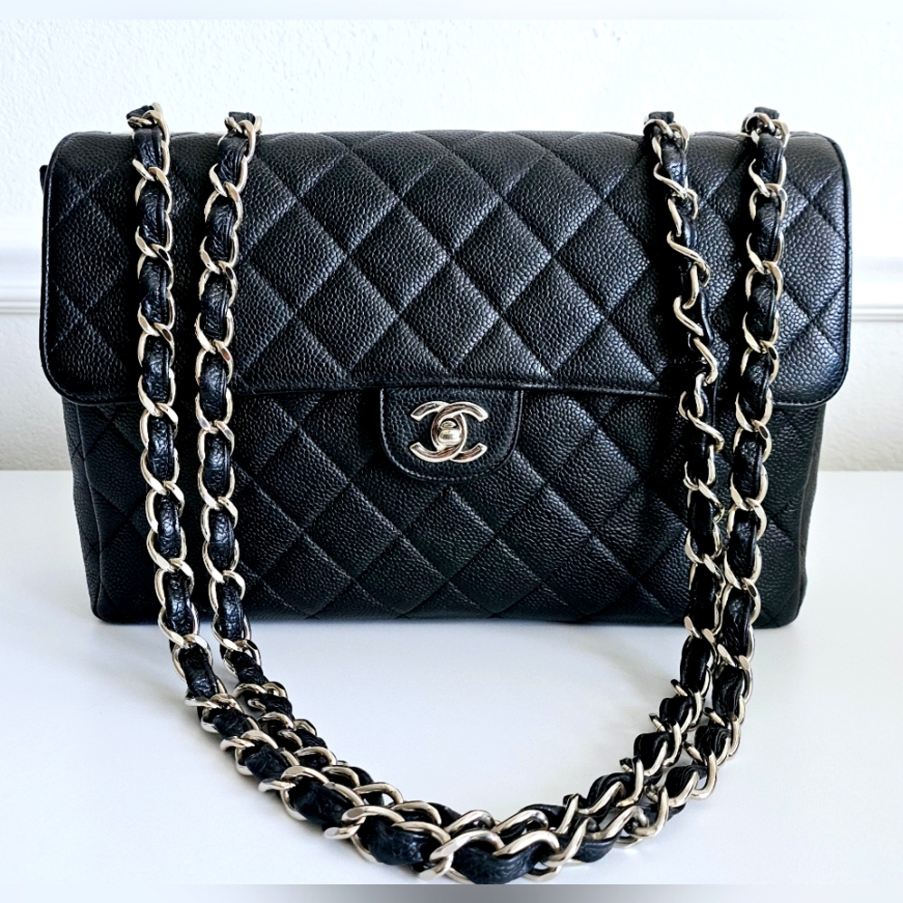 Chanel Black Quilted Caviar Leather Classic Jumbo Single Flap Bag